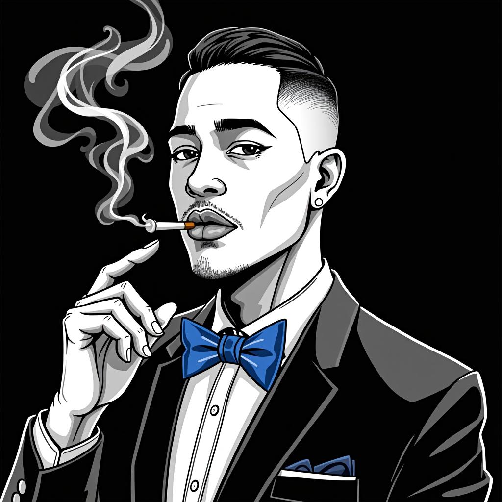  frozencloudz highlighted. the illustration should depict a mixed race man dressed in a suit and blue bow tie, smoking a blunt, (logo:1.15), black and white, hq, hightly detailed, 4k