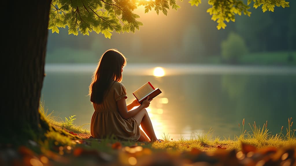  the girl sat by the lake and read quietly. the sun shone on her through the leaves, and the scenery was peaceful and beautiful