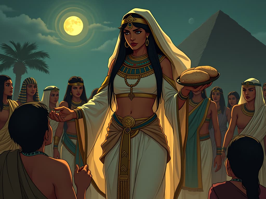  a large busted egyptian woman in sheer robes distributing bread to the villagers, symbolizing meaningful contribution, warm moonlit night, sense of community and care. the style is digital art illustration / modern comic book / mysterious occult, symbolic, esoteric vibe,high detail on character design, incorporating ancient egyptian symbology and attire.