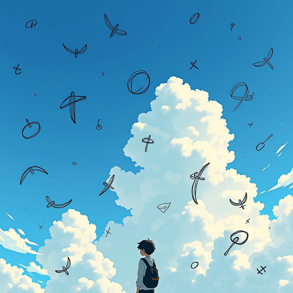  many black pencil scrawls doodles on the sky with a beautiful blue sky background with unique soft white clouds. anime. studio ghibli style. firooze hyperrealistic, full body, detailed clothing, highly detailed, cinematic lighting, stunningly beautiful, intricate, sharp focus, f/1. 8, 85mm, (centered image composition), (professionally color graded), ((bright soft diffused light)), volumetric fog, trending on instagram, trending on tumblr, HDR 4K, 8K