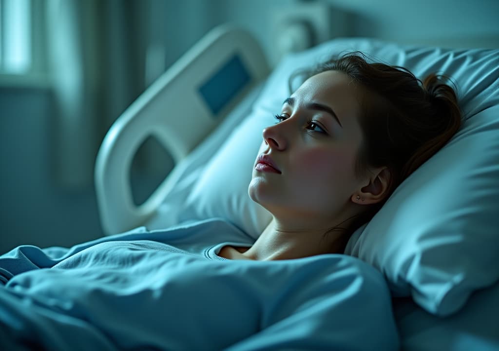  portrait of sad young woman lying in hospital