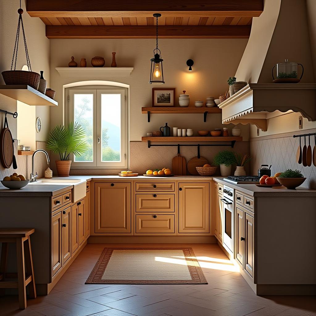  this unedited 8k photograph captures the kitchen, the heart of the home where meals are prepared, in a stunningly beautiful and hyperrealistic style. it features a mediterranean design, characterized by warm colors, natural textures, rustic elements, and a relaxed ambiance with dense furnishings and decorations. the image is professionally color graded, showcasing a symmetrical balance and intricate details under bright, soft, diffused light. the photograph, in raw format with hdr enhancement, displays a sharp focus and a highly detailed, intricate view, maintaining an unedited, hyperrealistic appearance.