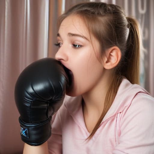 Girl licking boxing gloves