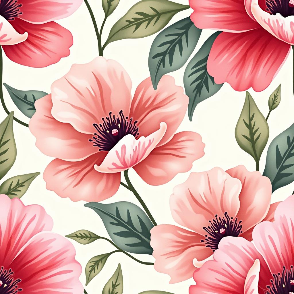  create a seamless digital design featuring a pattern of large, beautiful flowers with soft, watercolor like effects. the flowers should cover the entire surface, creating a bold, elegant, and continuous look. the overall style should be light and airy, with delicate leaves and petals to enhance the natural, floral theme. the design should be seamless to ensure it can be used in repeating patterns or wraps.