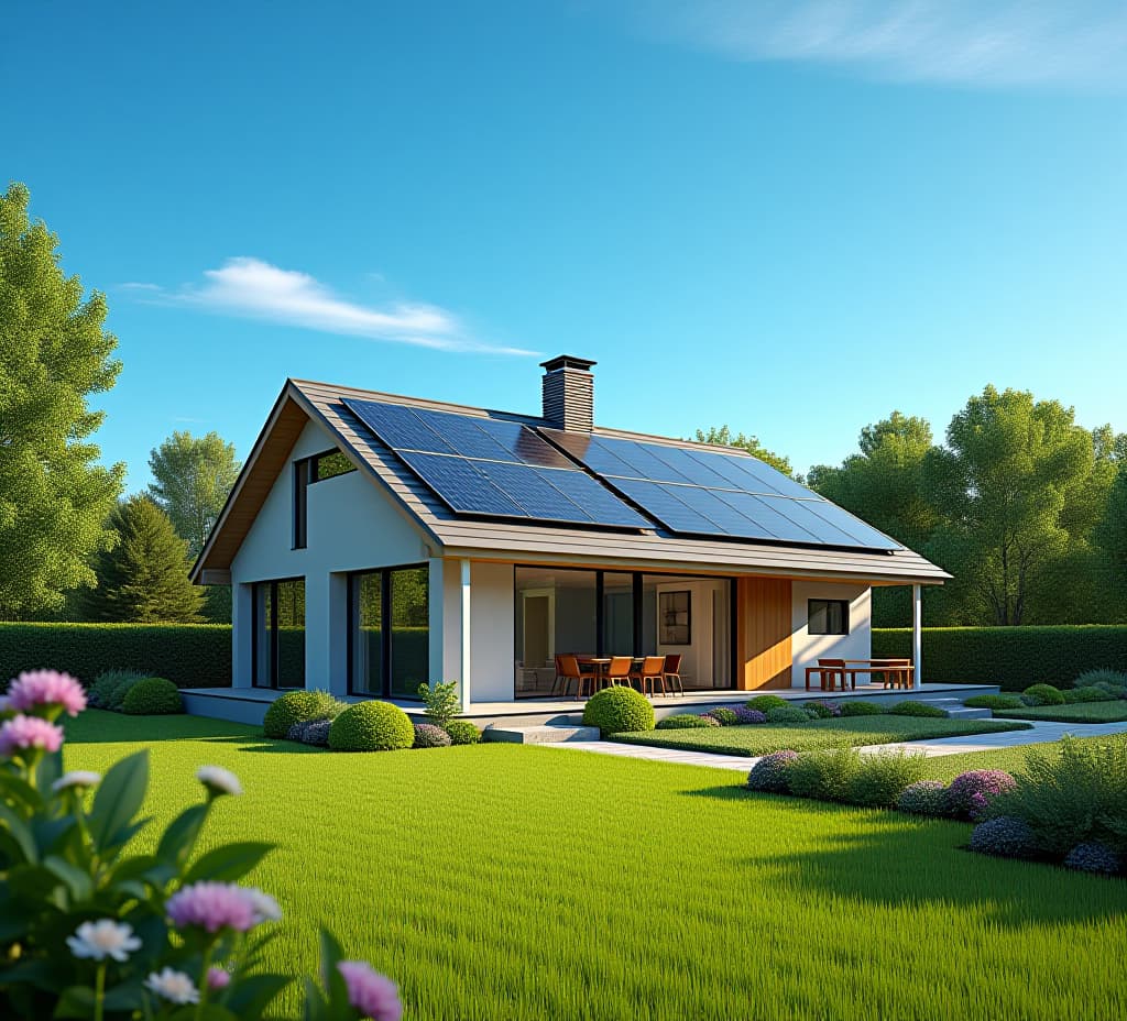  modern suburban home with an extensive solar panel array in a bright, green garden under a clear blue sky, showcasing renewable energy solutions