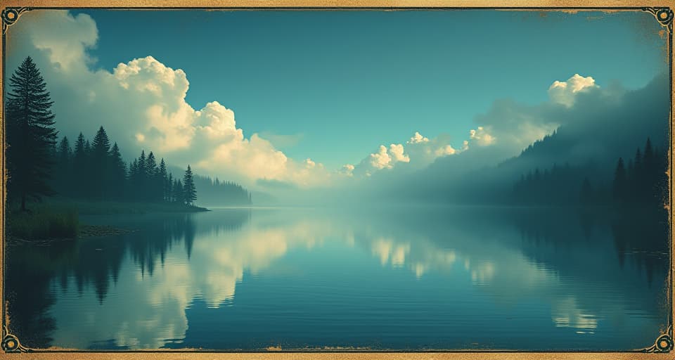  a calm lake reflecting a clear blue sky, mist lifting to reveal the landscape, clarity, serenity, revelation. an illustration in the style of a worn, mystical old tarot trump card, mysterious and elements of surrealism. the colors are muted, somber and eerie, but with contrast bring out an occult and esoteric vibe.