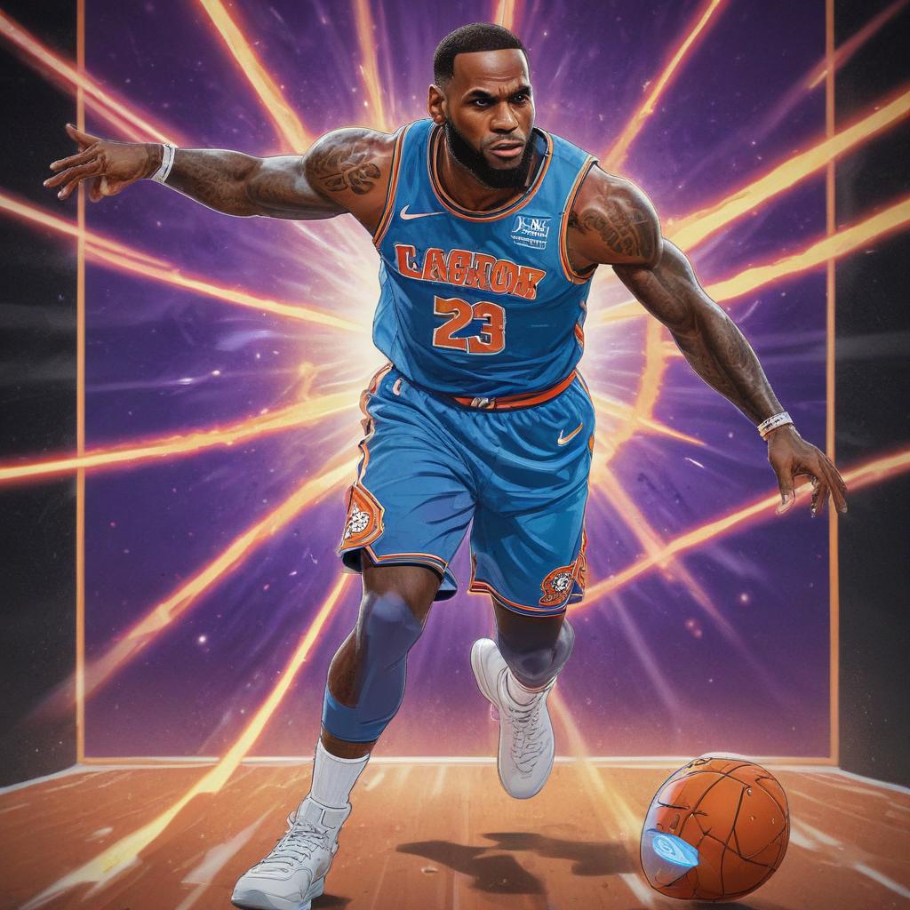 distance-shot, flashy, full-body, dynamic, holographic, animated cartoon poster of lebron james in the style of dragon ball super