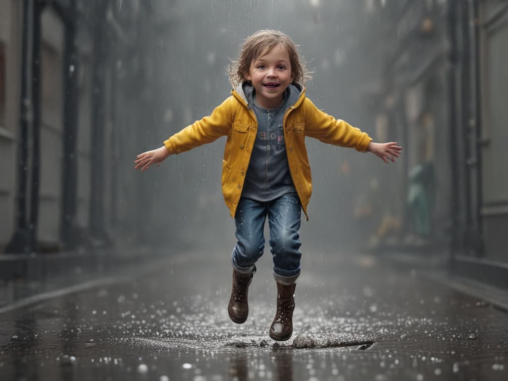 ultra realistic ((ultra realistic ((a child jumping in puddles with joy during a rain shower)))) hyperrealistic, full body, detailed clothing, highly detailed, cinematic lighting, stunningly beautiful, intricate, sharp focus, f/1. 8, 85mm, (centered image composition), (professionally color graded), ((bright soft diffused light)), volumetric fog, trending on instagram, trending on tumblr, HDR 4K, 8K