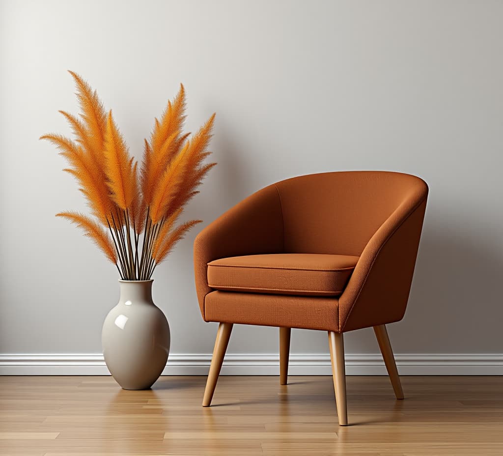  a brown chair next to a vase with orange flowers