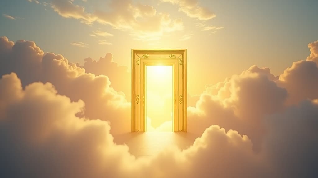  ethereal shiny golden heaven gates or door in the heaven sky, surrounded by white clouds, entrance into paradise, christian religious concept and belief. resurrection or afterlife hope in jesus christ