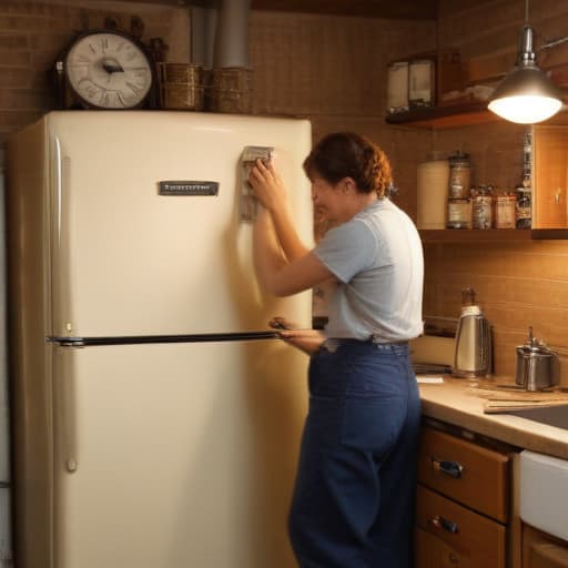 A photo of a skilled technician repairing a vintage refrigerator in a cozy, dimly-lit kitchen during the early evening. The warm glow of a single overhead pendant light casts a soft, diffused illumination over the scene, highlighting the technician's focused expression and hands delicately working on the appliance. The kitchen counter is cluttered with various tools and spare parts, emphasizing the expertise and attention to detail required in appliance repair. The nostalgic ambiance of the vintage refrigerator juxtaposed with modern repair tools creates a visually captivating contrast, perfectly capturing the essence of dependable appliance repair service.