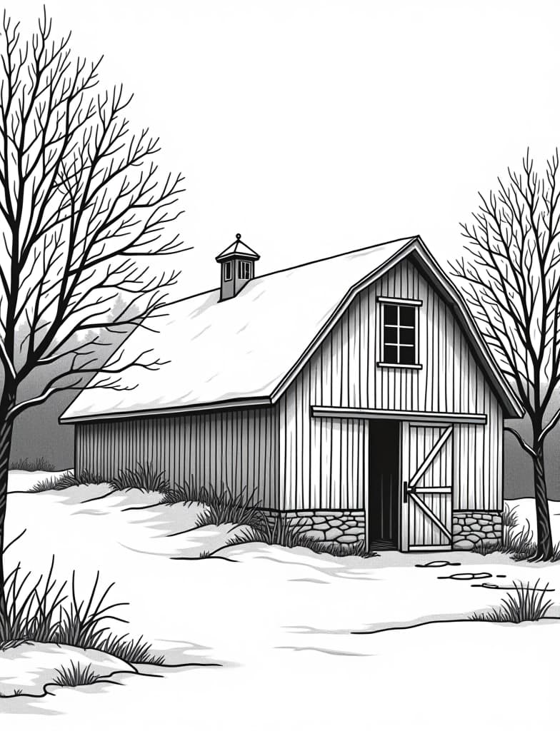  this is for an adult coloring page. a detailed black and white line art of a snowy snow covered barn in a rural winter setting on a solid white background.