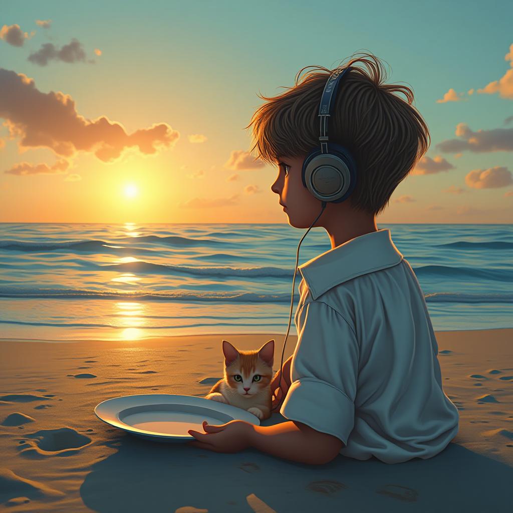  a boy with a white shirt, some sad, headphones, a plate on the beach, a face on the ocean, looking west of the sunset, with a little cat lying next to him, award winning, professional, highly detailed, masterpiece