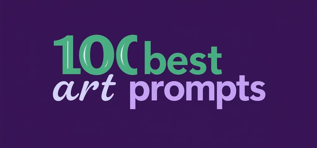  a sleek and modern cover image for a blog titled '100 best art prompts'. the background is a rich dark purple, creating a dramatic yet sophisticated backdrop. the title '100 best art prompts' is prominently displayed in sharp green and light purple text, utilizing contemporary graphic design elements such as clean lines and geometric shapes, enhancing the overall aesthetic. the design is elegant, focusing on clarity and readability, with a balance of colors that evoke creativity and inspiration.