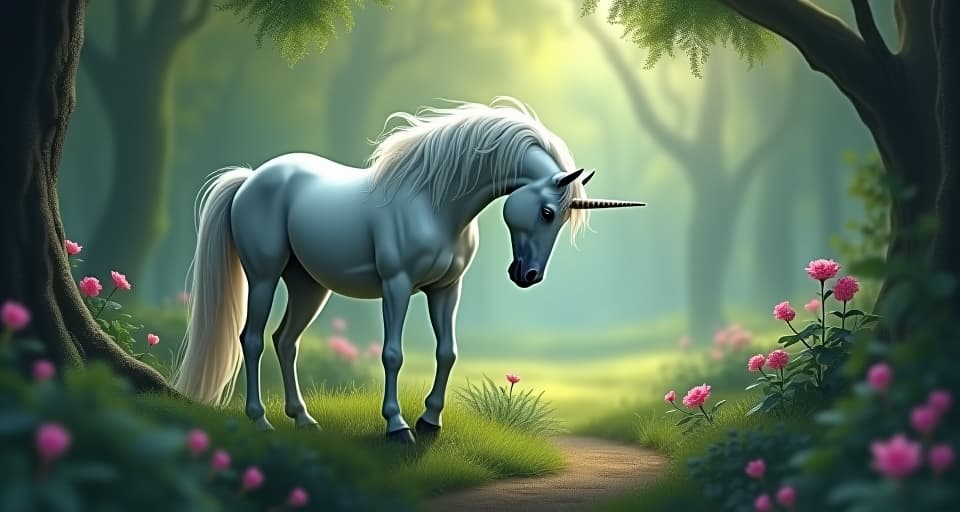  a majestic unicorn in an enchanted glade, its head lowered. the scene captures the feeling of inadequacy as words seem to fail, leaving only the palpable tension of unspoken complexity.. the style is digital art illustration,highly detailed, whimsical,magical, dreamlike atmosphere, realism and fantasy blend, smooth, glossy textures,luminous quality, wonder and enchantment.