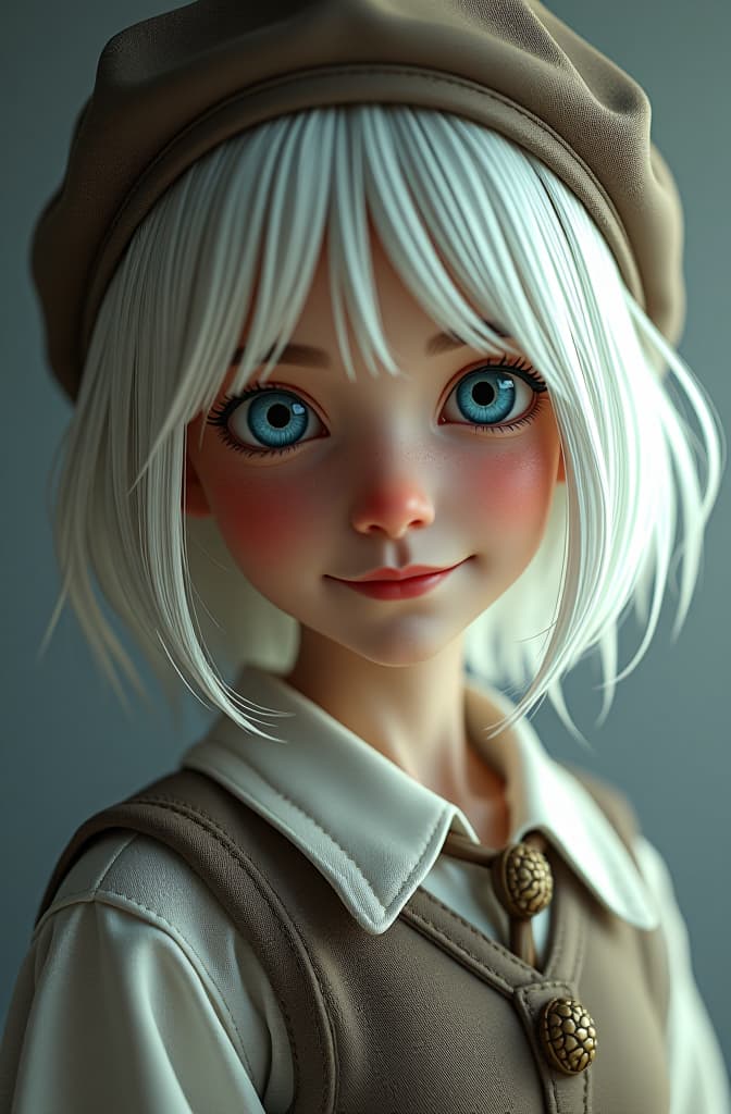  a 2 old , with short shoulder length white hair, light blue eyes, white skin, slim body, and big, round s. she wears a and smiles hyperrealistic, full body, detailed clothing, highly detailed, cinematic lighting, stunningly beautiful, intricate, sharp focus, f/1. 8, 85mm, (centered image composition), (professionally color graded), ((bright soft diffused light)), volumetric fog, trending on instagram, trending on tumblr, HDR 4K, 8K