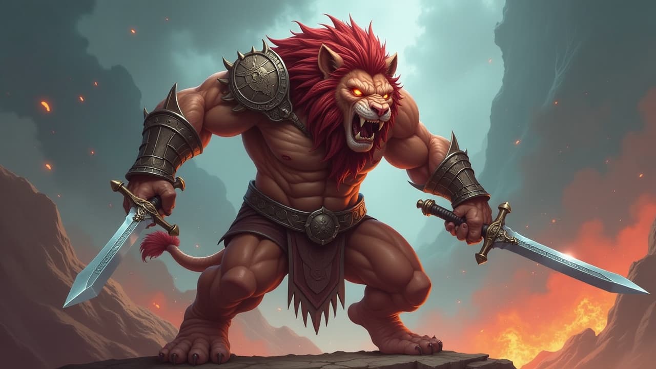  role playing game (rpg) style fantasy hybrid muscular mutant lion warrior with two swords looking angrily with shining eyes, detailed, vibrant, immersive, reminiscent of high fantasy rpg games, high details, good quality