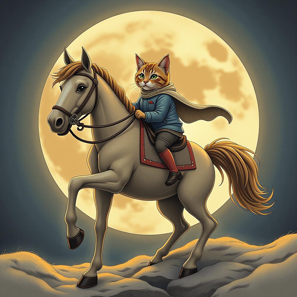  a cat riding a horse, hand drawn, on the moon, studio light, hdr 4k hyperrealistic, full body, detailed clothing, highly detailed, cinematic lighting, stunningly beautiful, intricate, sharp focus, f/1. 8, 85mm, (centered image composition), (professionally color graded), ((bright soft diffused light)), volumetric fog, trending on instagram, trending on tumblr, HDR 4K, 8K