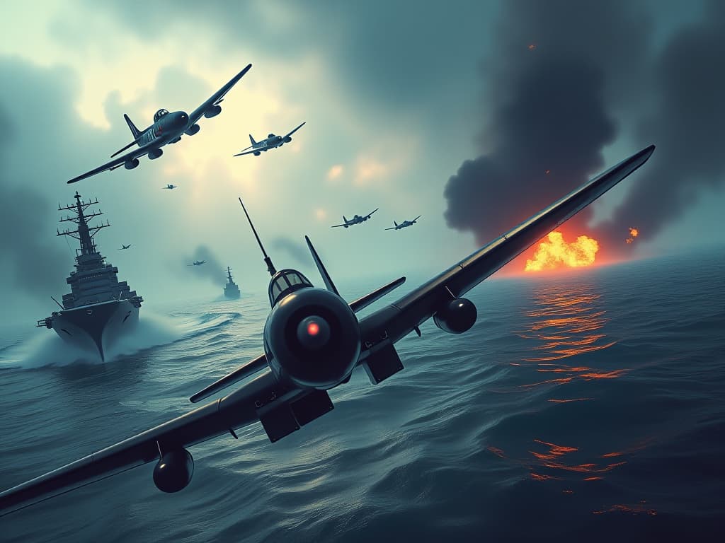  a dramatic naval battle scene depicting the battle of the philippines sea during world war ii on june 19, 1944. the canvas showcases a fierce air battle in the sky, with american f6f hellcats engaging japanese aircraft. in the background, giant aircraft carriers and battleships engage in an epic confrontation amidst smoke and fire, symbolizing the technological advancements of the era and the valor of the pilots. the overall atmosphere conveys the tension and significance of this historic battle. hyperrealistic, full body, detailed clothing, highly detailed, cinematic lighting, stunningly beautiful, intricate, sharp focus, f/1. 8, 85mm, (centered image composition), (professionally color graded), ((bright soft diffused light)), volumetric fog, trending on instagram, trending on tumblr, HDR 4K, 8K