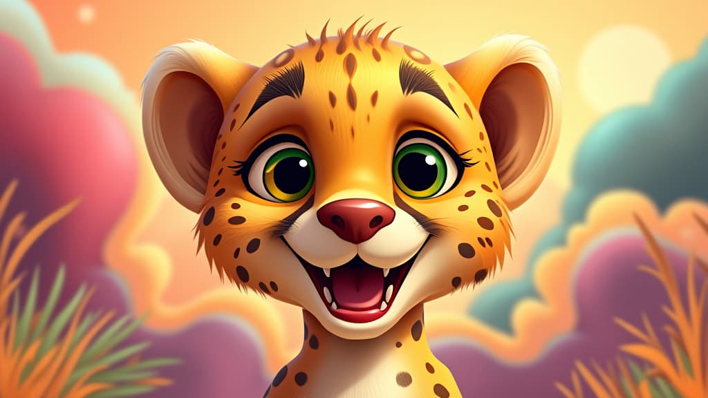  cartoon art style, a cheetah with exaggerated features and a playful expression, set against a bright, whimsical background., high quality, high details, hd, perfect composition, 4k epic detailed, highly detailed, sharp focus, high resolution