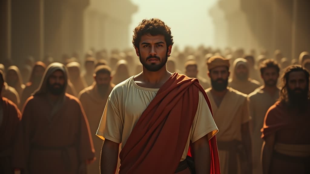  history of biblical times, gideon standing before the crowd, with his father defending him, and the anger of the townspeople reflected in their expressions, creating a tense atmosphere. hyperrealistic, full body, detailed clothing, highly detailed, cinematic lighting, stunningly beautiful, intricate, sharp focus, f/1. 8, 85mm, (centered image composition), (professionally color graded), ((bright soft diffused light)), volumetric fog, trending on instagram, trending on tumblr, HDR 4K, 8K