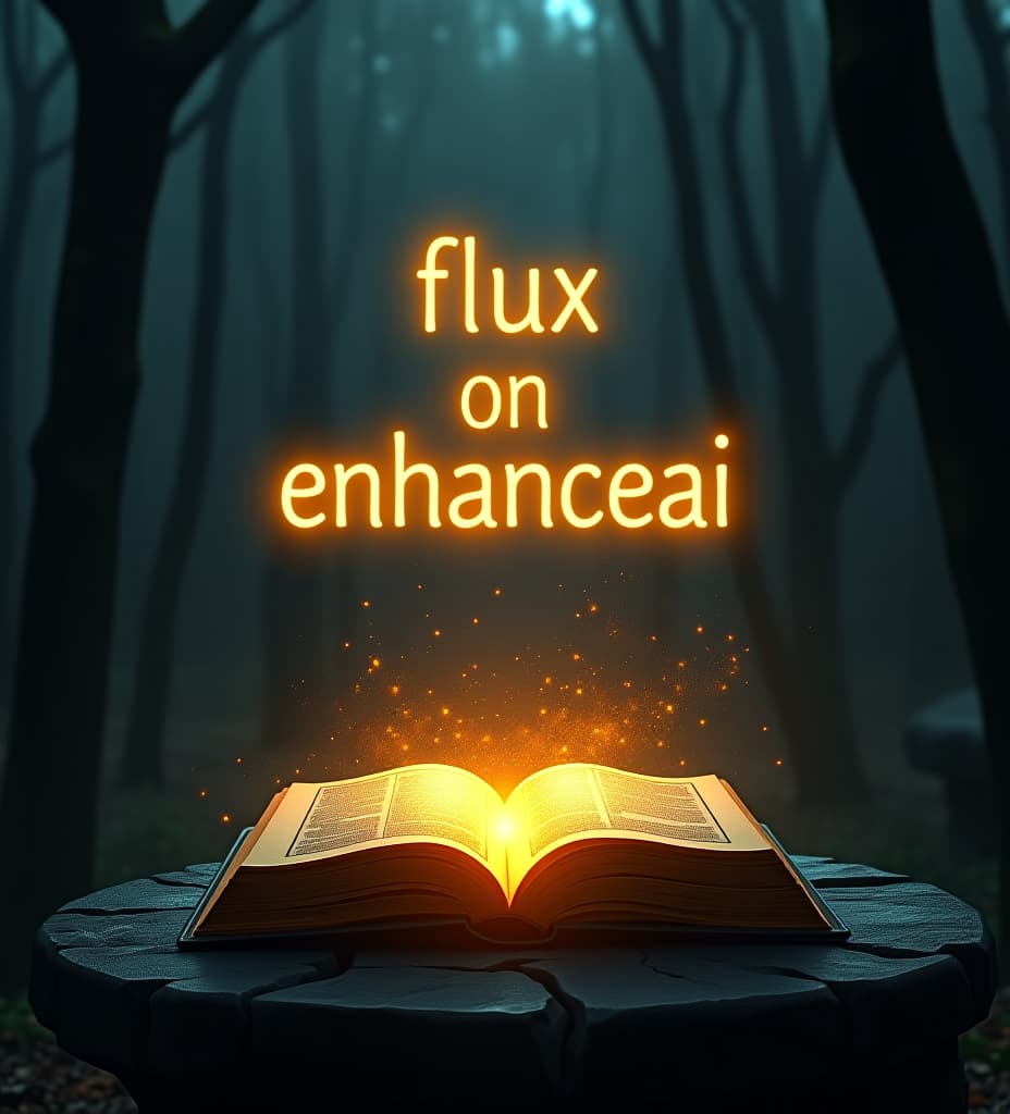  a magical book opens on a stone table in a dark, enchanted forest. golden sparks and light are emanating from the pages, creating an ethereal glow. the words 'flux on enhanceai' appear in bright, fiery letters floating above the book. the scene is dramatic and mystical, with a cinematic, high quality look