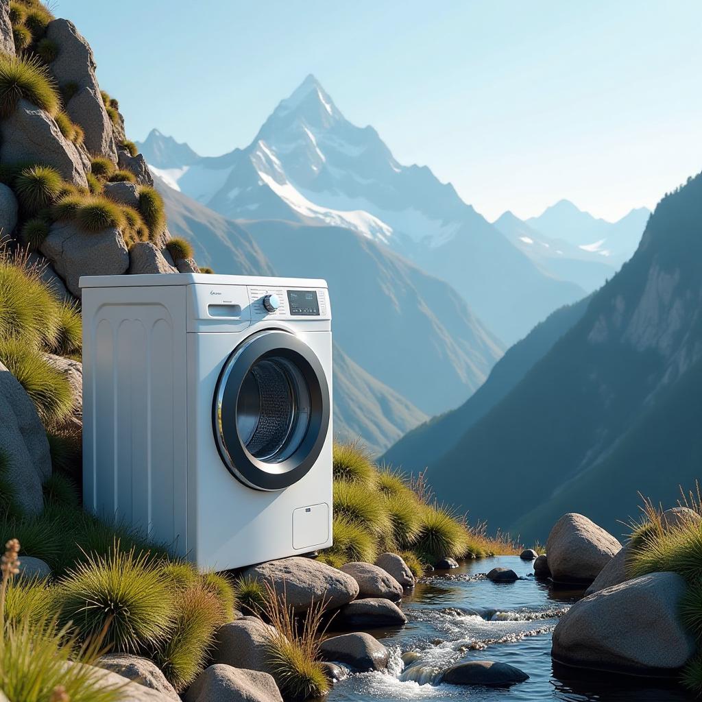  create an image that combines the elements of a washer situated on a breathtaking mountainside. this scene should capture the beauty of the natural landscape, showcasing the contrast between the rugged mountain terrain and the appliance's modern design. utilize a point of view angle that immerses the viewer in the experience, making them feel as if they are standing beside the washer, gazing out over the expansive mountain vista. the image should evoke a sense of tranquility and harmony, highlighting the unusual juxtaposition of everyday life against the backdrop of nature's grandeur. be sure to include details like flowing streams nearby, distant peaks washed in sunlight, and a clear blue sky to enhance the overall atmosphere of serenity a