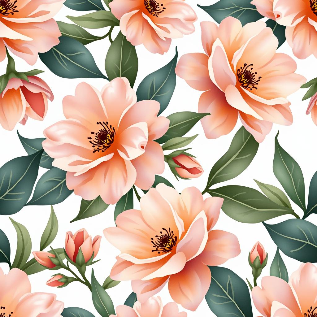  create a seamless digital design featuring a pattern of large, beautiful flowers with soft, watercolor like effects. the flowers should cover the entire surface, creating a bold, elegant, and continuous look. the overall style should be light and airy, with delicate leaves and petals to enhance the natural, floral theme. the design should be seamless to ensure it can be used in repeating patterns or wraps.