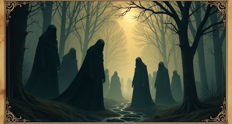  shadowy figures with concealed expressions, faint divine light in the distance, mood of hidden agendas, atmosphere of silent judgment. an illustration in the style of a worn, mystical old tarot trump card, mysterious and elements of surrealism. the colors are muted, somber and eerie, but with contrast bring out an occult and esoteric vibe.