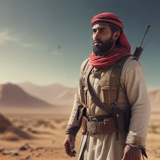 An Arab fighter in the middle of the battlefield in Cinematic style with Nature background