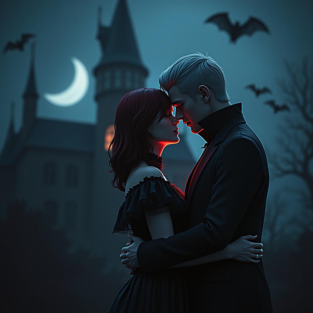  art, a vampire couple in love, at night against the background of a gothic castle, bats are flying in the sky, a guy stands behind and hugs a girl around the waist, a girl has short red hair, a guy has short white hair, they eyes are burning hyperrealistic, full body, detailed clothing, highly detailed, cinematic lighting, stunningly beautiful, intricate, sharp focus, f/1. 8, 85mm, (centered image composition), (professionally color graded), ((bright soft diffused light)), volumetric fog, trending on instagram, trending on tumblr, HDR 4K, 8K