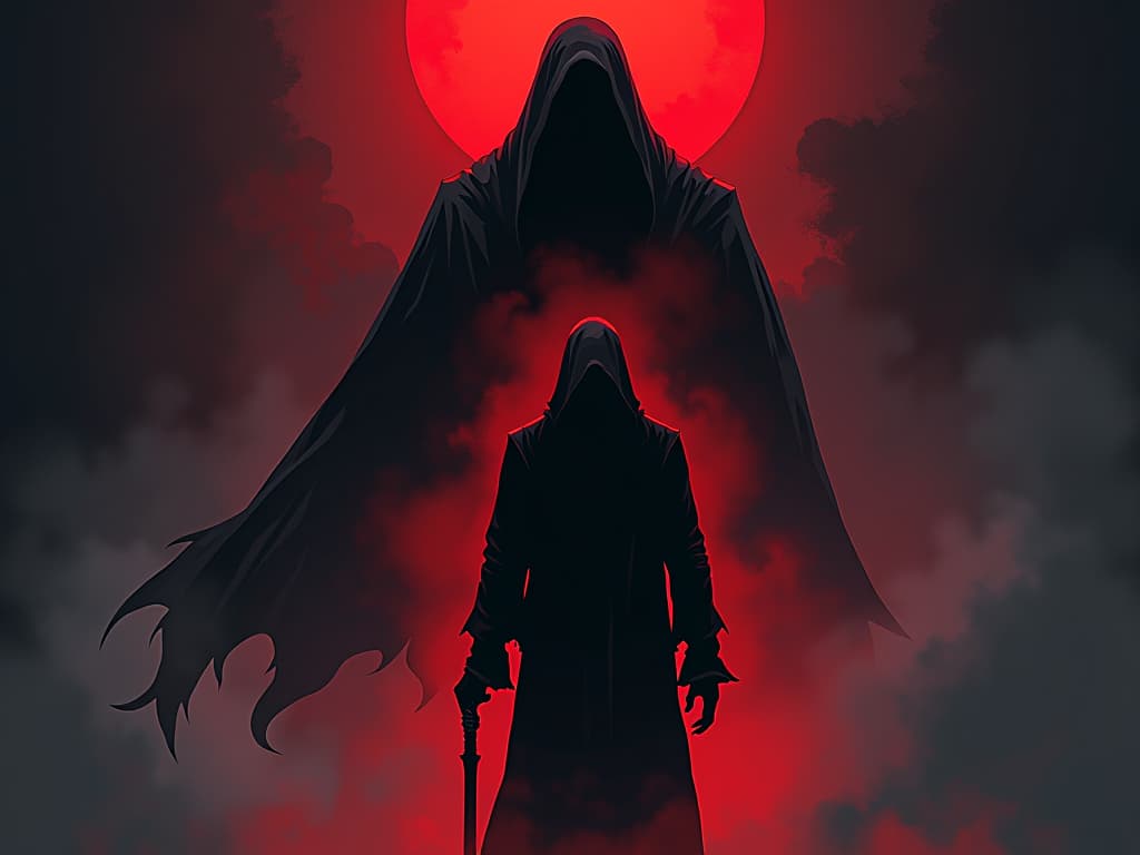  dark figure looming in the background, shadowy presence, subject's light being siphoned, air of unseen dread. the style is digital art illustration / modern comic book / graphic dark novel fantasy and mysterious occult, symbolic, moody lighting, esoteric vibe,high detail on character design. for the color scheme emphasize blacks and reds.