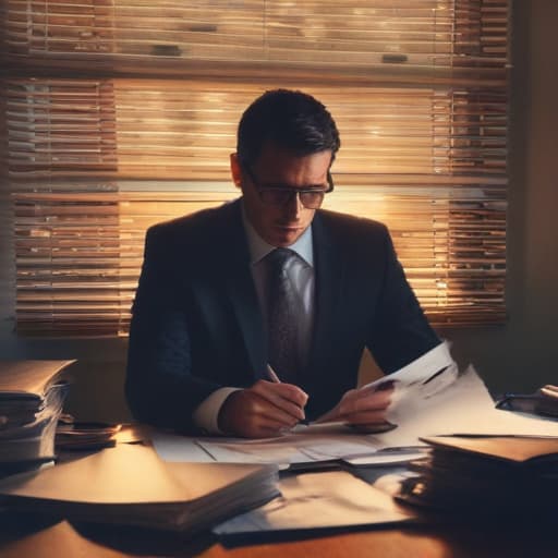 A photo of a car accident attorney reviewing case files in a cluttered office during the late afternoon with warm sunlight streaming through the blinds, casting dramatic shadows across the desk and highlighting the attorney's focused expression.