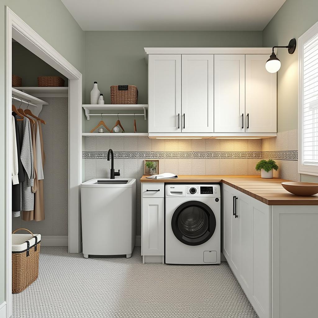  a modern laundry room with sleek white cabinets, built in washer and dryer, decorative tiles, ample storage space, and hanging racks; accented with wooden countertops, pastel colored walls, and stylish light fixtures.