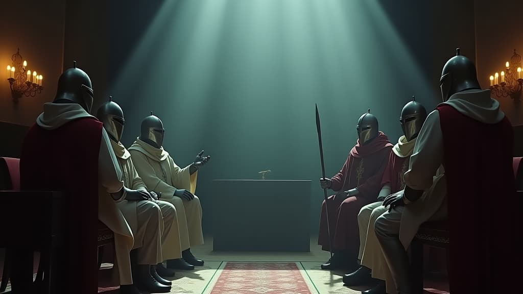  images about historical curiosities, a modern courtroom scene illustrating the tension between the modern knights templar and the vatican. hyperrealistic, full body, detailed clothing, highly detailed, cinematic lighting, stunningly beautiful, intricate, sharp focus, f/1. 8, 85mm, (centered image composition), (professionally color graded), ((bright soft diffused light)), volumetric fog, trending on instagram, trending on tumblr, HDR 4K, 8K