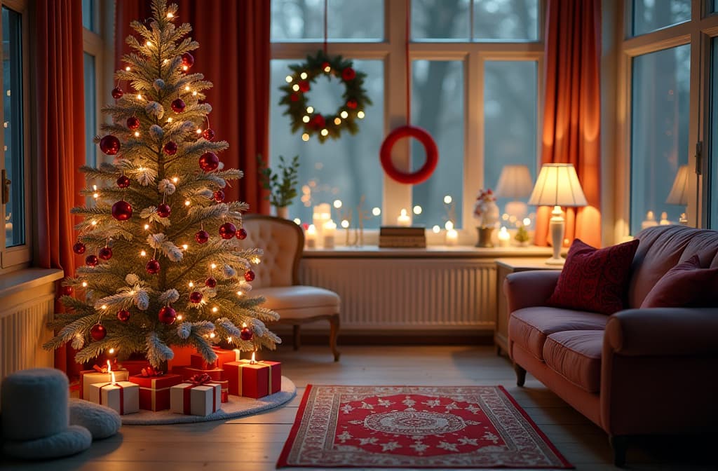  professional detailed photography, festive christmas scene with red and white decor ar 3:2, (muted colors, dim colors, soothing tones), (vsco:0.3)