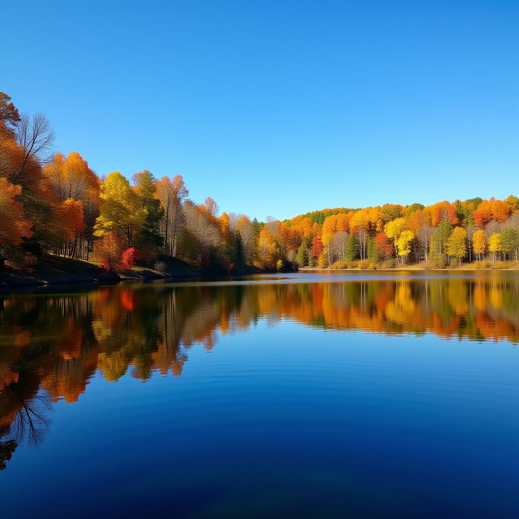  autumn trees reflected in tranquil lake with vibrant fall colors under clear blue sky, autumn, trees, lake