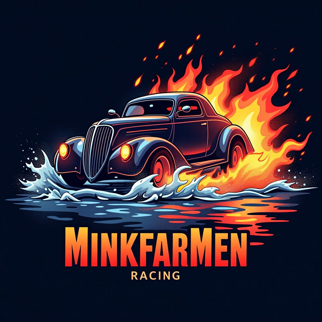  mink, flames, water,text 'minkfarmen racing', (logo:1.15), hq, hightly detailed, 4k