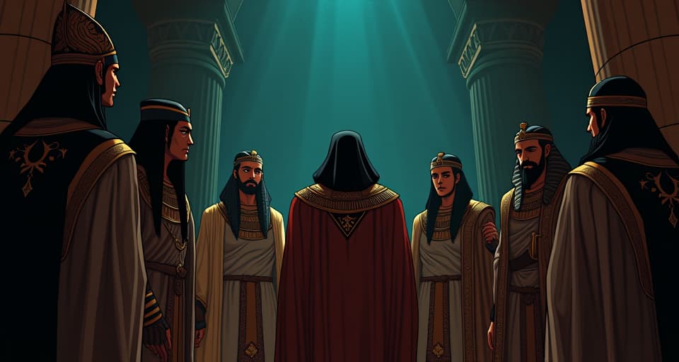  former advisors and nobles, gathered in a shadowed chamber, looking bewildered and whispering among themselves, the mood tense and filled with confusion, unsettled by the shift in power dynamics. the style is digital art illustration / modern comic book / mysterious occult, symbolic, esoteric vibe,high detail on character design, incorporating ancient egyptian symbology and attire.