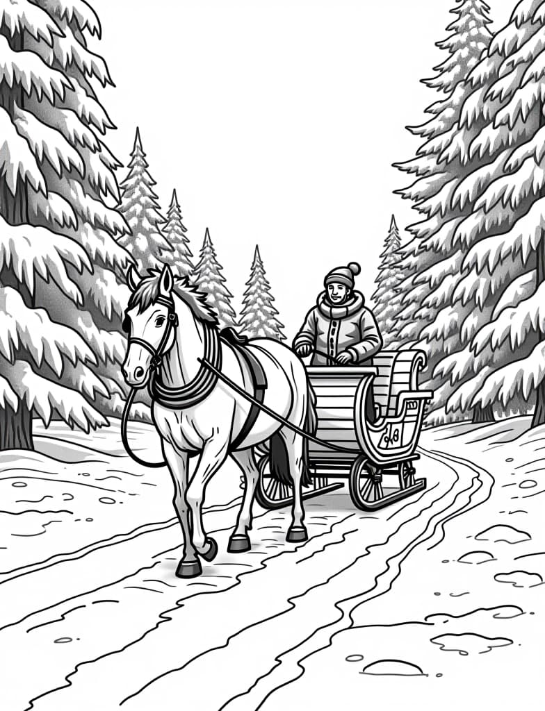  this is for an adult coloring page. a detailed black and white line art of a snowy horse drawn sleigh making its way through a snowy path on a solid white background.