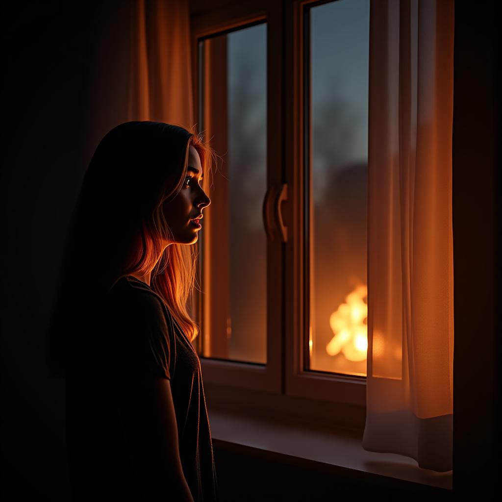  a young woman late at night, she stands by her bedroom window, her face illuminated by the bright light of a fire outside, she looks frightened as she gazes out the window