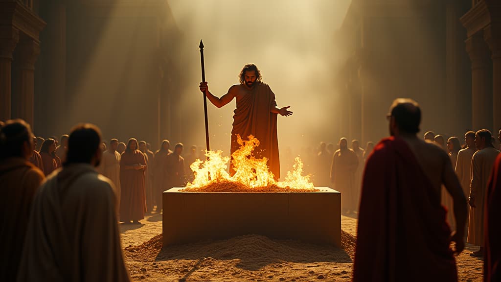  history of biblical times, gideon tearing down an altar of baal, with a sense of urgency and fear, surrounded by friends and family. hyperrealistic, full body, detailed clothing, highly detailed, cinematic lighting, stunningly beautiful, intricate, sharp focus, f/1. 8, 85mm, (centered image composition), (professionally color graded), ((bright soft diffused light)), volumetric fog, trending on instagram, trending on tumblr, HDR 4K, 8K