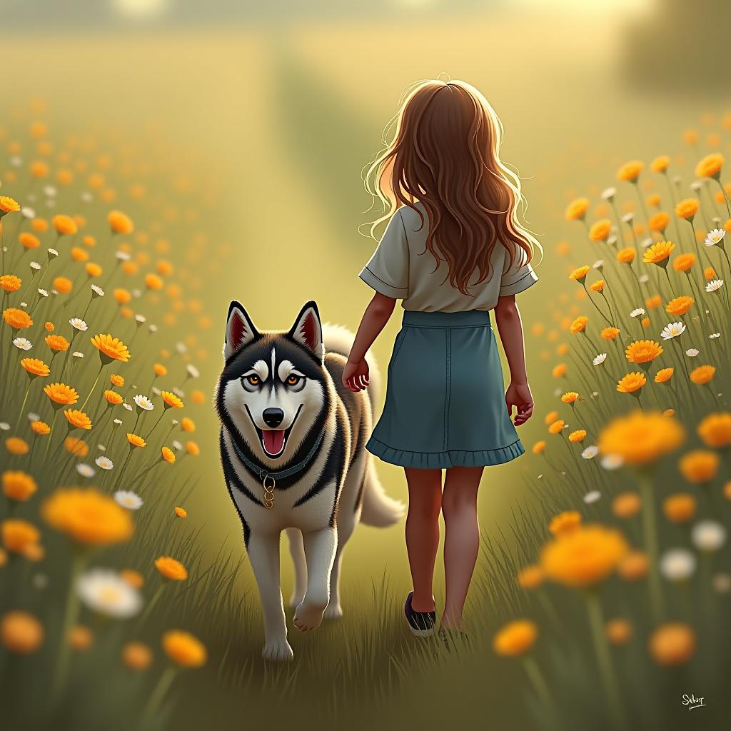  a girl with light brown hair is walking with a husky through a field of flowers.