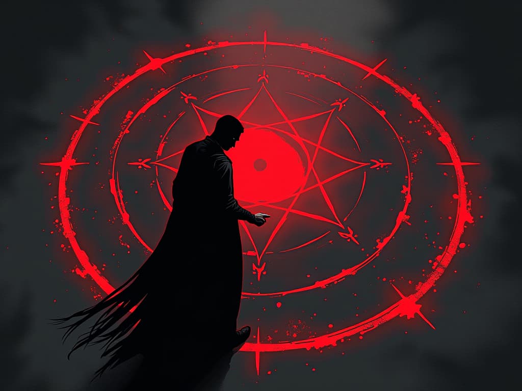  person drawing a boundary circle with red chalk, doing it calmly, air of setting sacred boundaries. the style is digital art illustration / modern comic book / graphic dark novel fantasy and mysterious occult, symbolic, moody lighting, esoteric vibe,high detail on character design. for the color scheme emphasize blacks and reds.