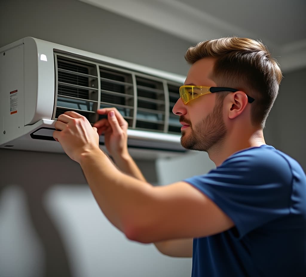  technician wearing safety glasses checking air conditioner unit on wall