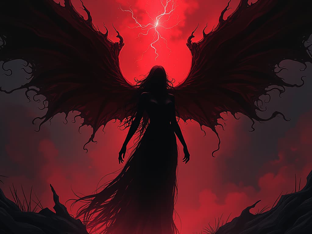  ethereal figure in red, dark tendrils reaching, seeking divine essence, aura of unholy hunger. the style is digital art illustration / modern comic book / graphic dark novel fantasy and mysterious occult, symbolic, moody lighting, esoteric vibe,high detail on character design. for the color scheme emphasize blacks and reds.