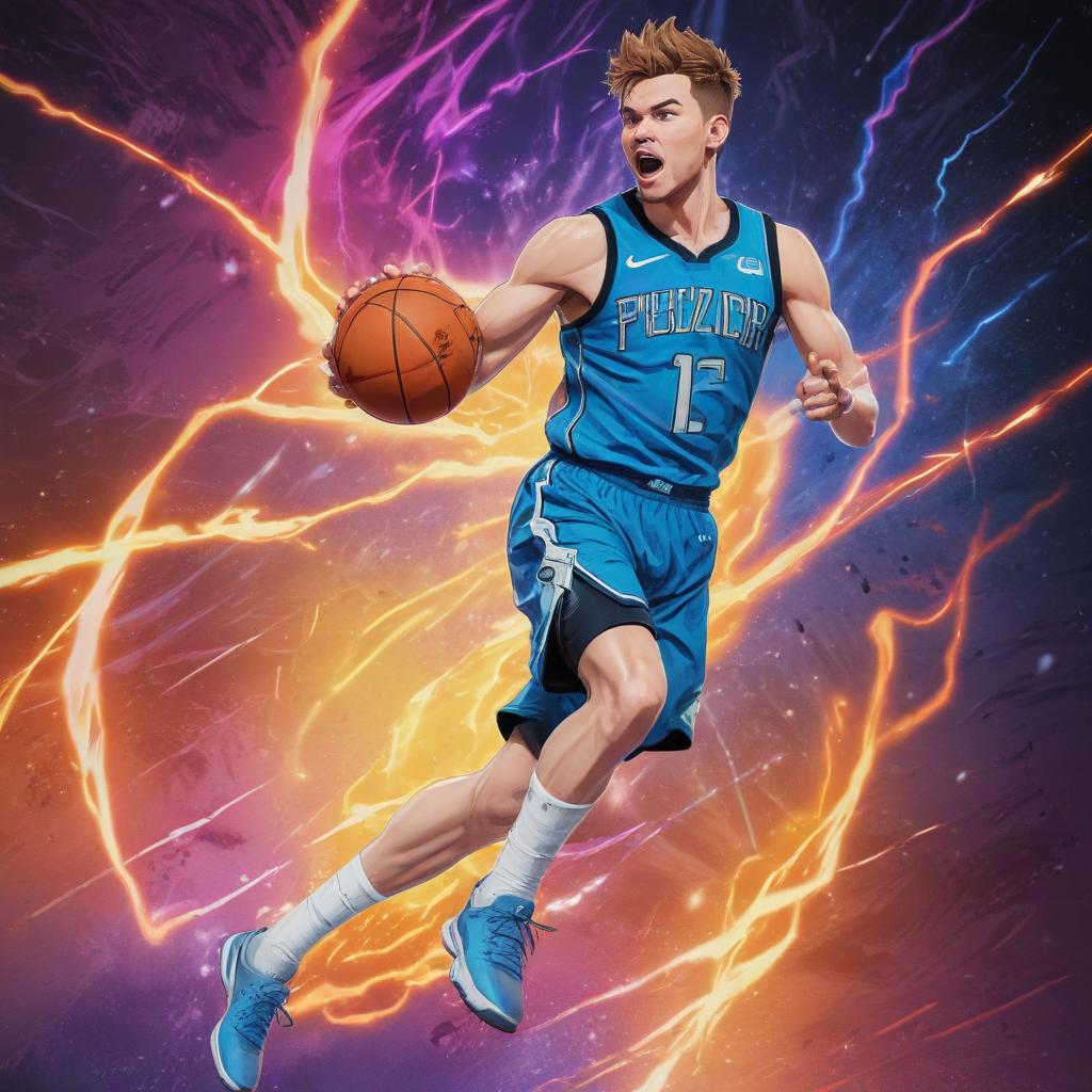 distance-shot, flashy, full-body, dynamic, holographic, animated cartoon poster of luka doncic in the style of dragon ball super