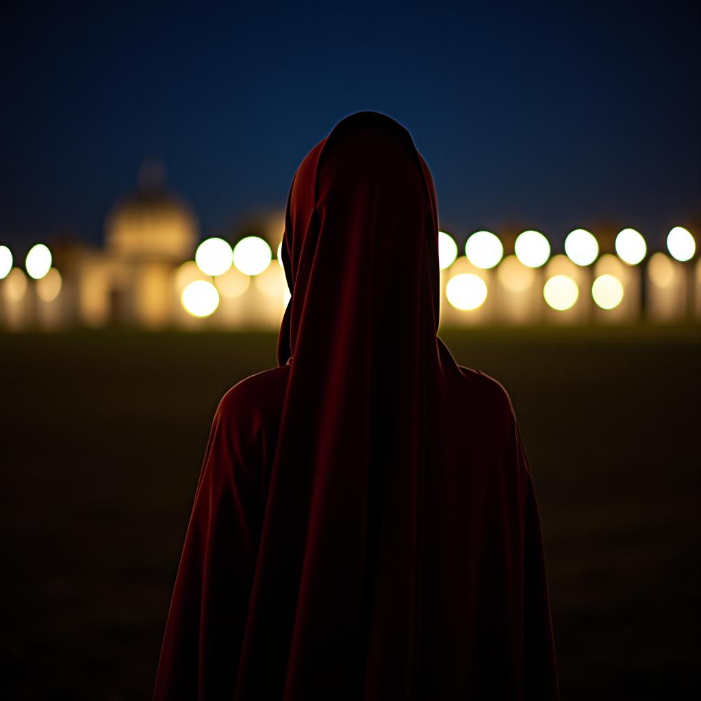  a muslim girl is standing with her back to the viewer, against a nighttime background.