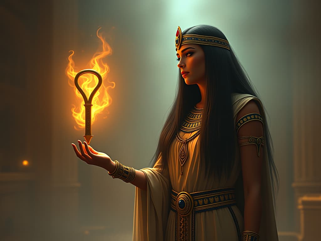  an ancient goddess offering a glowing ankh to a person, sense of audacity and reward, atmosphere of being unapologetically oneself. the style is digital art illustration / modern comic book / mysterious occult, symbolic, esoteric vibe,high detail on character design, incorporating ancient egyptian symbology and attire. hyperrealistic, full body, detailed clothing, highly detailed, cinematic lighting, stunningly beautiful, intricate, sharp focus, f/1. 8, 85mm, (centered image composition), (professionally color graded), ((bright soft diffused light)), volumetric fog, trending on instagram, trending on tumblr, HDR 4K, 8K