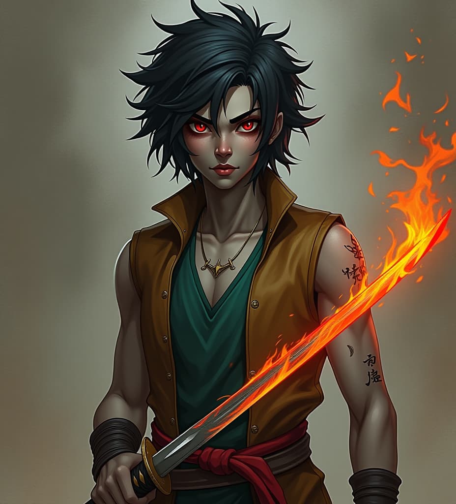  a human with short spikey black hair, red eyes and greyish skin wearing a sleeveless leather vest with a green undershirt holding a katana with a blade made of magma